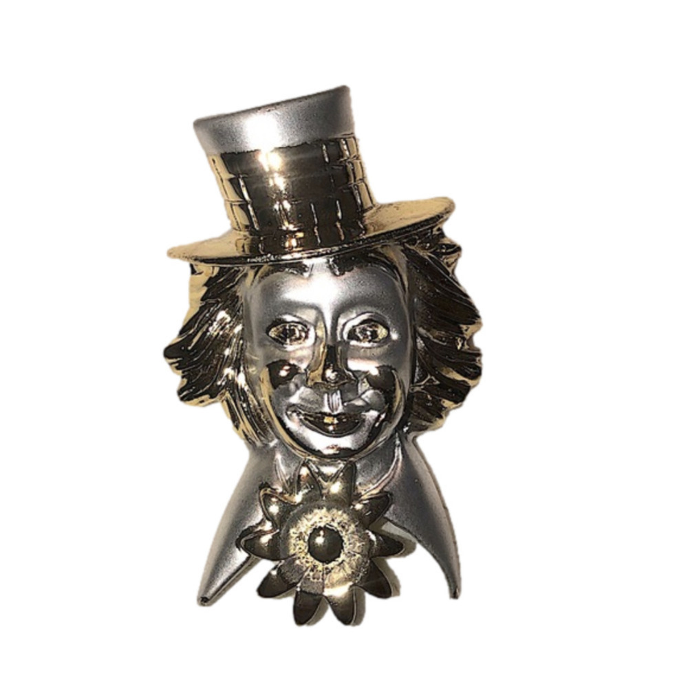 VTG Gold & Silver Tone Circus Clown Brooch w Flower EUC approx 2.5” x 1.6”